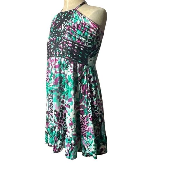 Susie Rose Womens Multicolor Floral Crochet Halter Neck Ruffle Dress Large - Picture 3 of 9